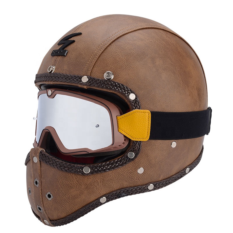 Helmet Full Face - Leder-Motorradhelme Retro Abnehmbar Modisch Renn- und