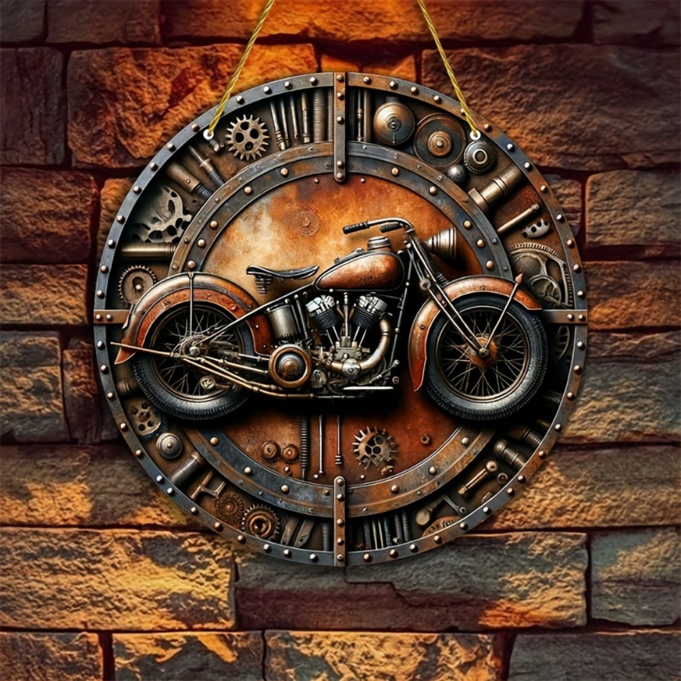 Motorcycle Gear Pattern - Steampunk Vintage Motorrad-Ausrüstungsmuster, 2D-Flachbild, rundes Metall-Blechschild,